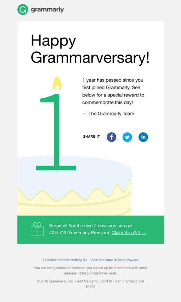 An anniversary email from Grammarly