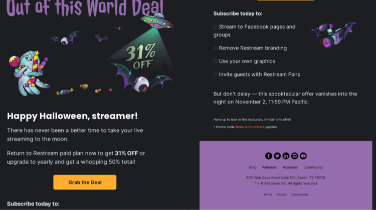 A promotional email with a discount from Restream